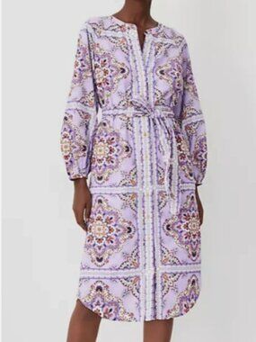 Ann Taylor Lavender Latte Split Nneck Belted Flare Dress